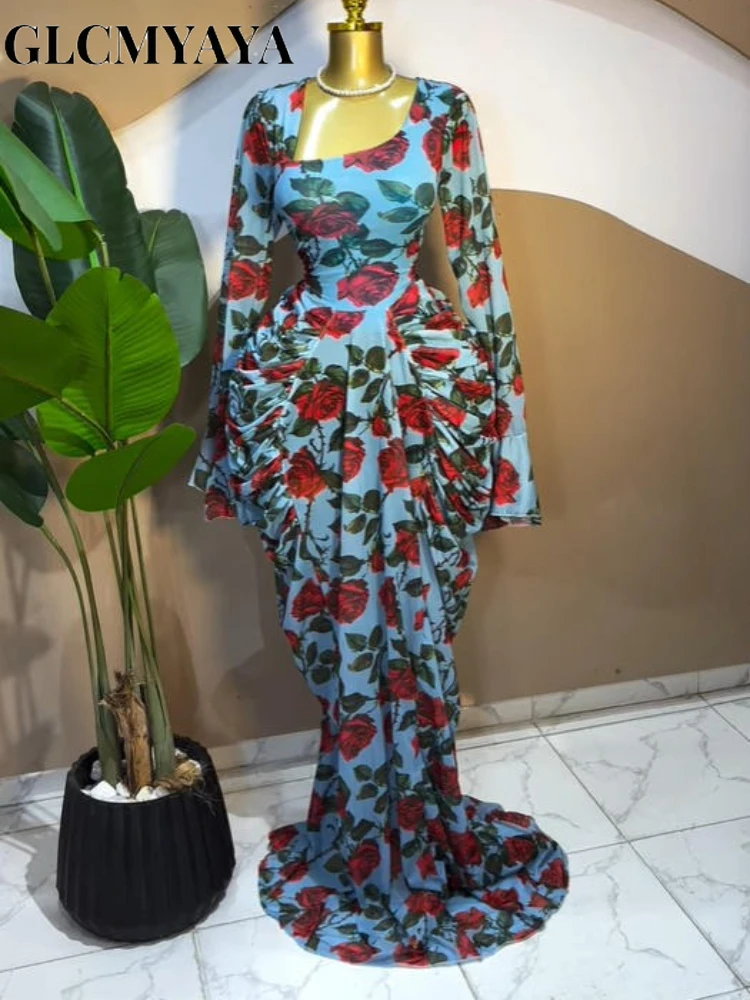 CM.YAYA Women Floral Tie Dye Print Stacked Ruched Long Sleeve A-line Maxi Long Dress 2025 Birthda Party Education Trendy Dresses