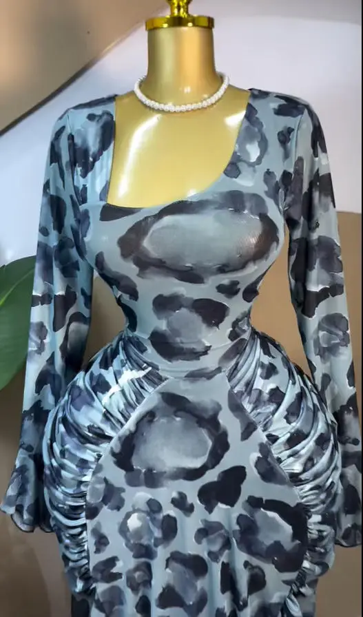 CM.YAYA Women Floral Tie Dye Print Stacked Ruched Long Sleeve A-line Maxi Long Dress 2025 Birthda Party Education Trendy Dresses