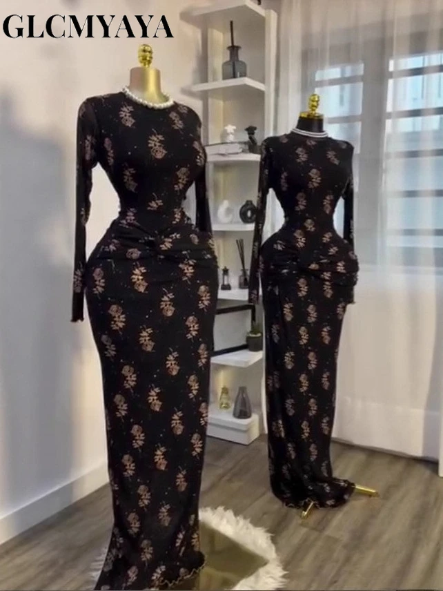 CM.YAYA Women Full Sleeve Floral Print Stacked Bodycon Long Dress 2025 Fall Evening Birthday Night Party Vestidos Sexy Dresses