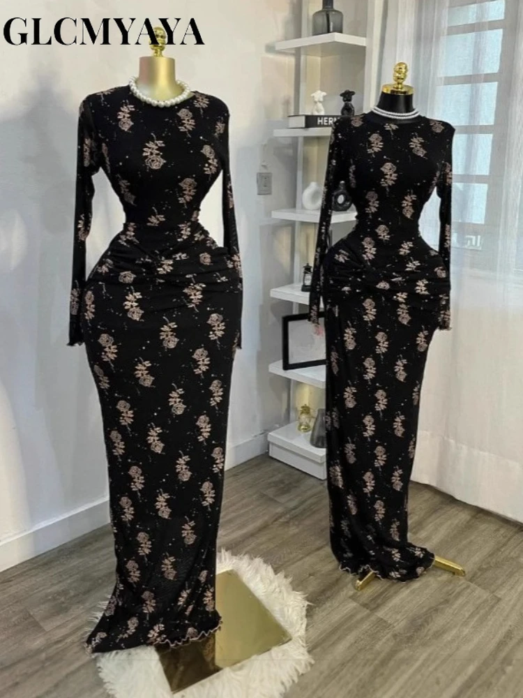 CM.YAYA Women Full Sleeve Floral Print Stacked Bodycon Long Dress 2025 Fall Evening Birthday Night Party Vestidos Sexy Dresses