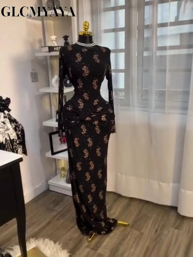 CM.YAYA Women Full Sleeve Floral Print Stacked Bodycon Long Dress 2025 Fall Evening Birthday Night Party Vestidos Sexy Dresses