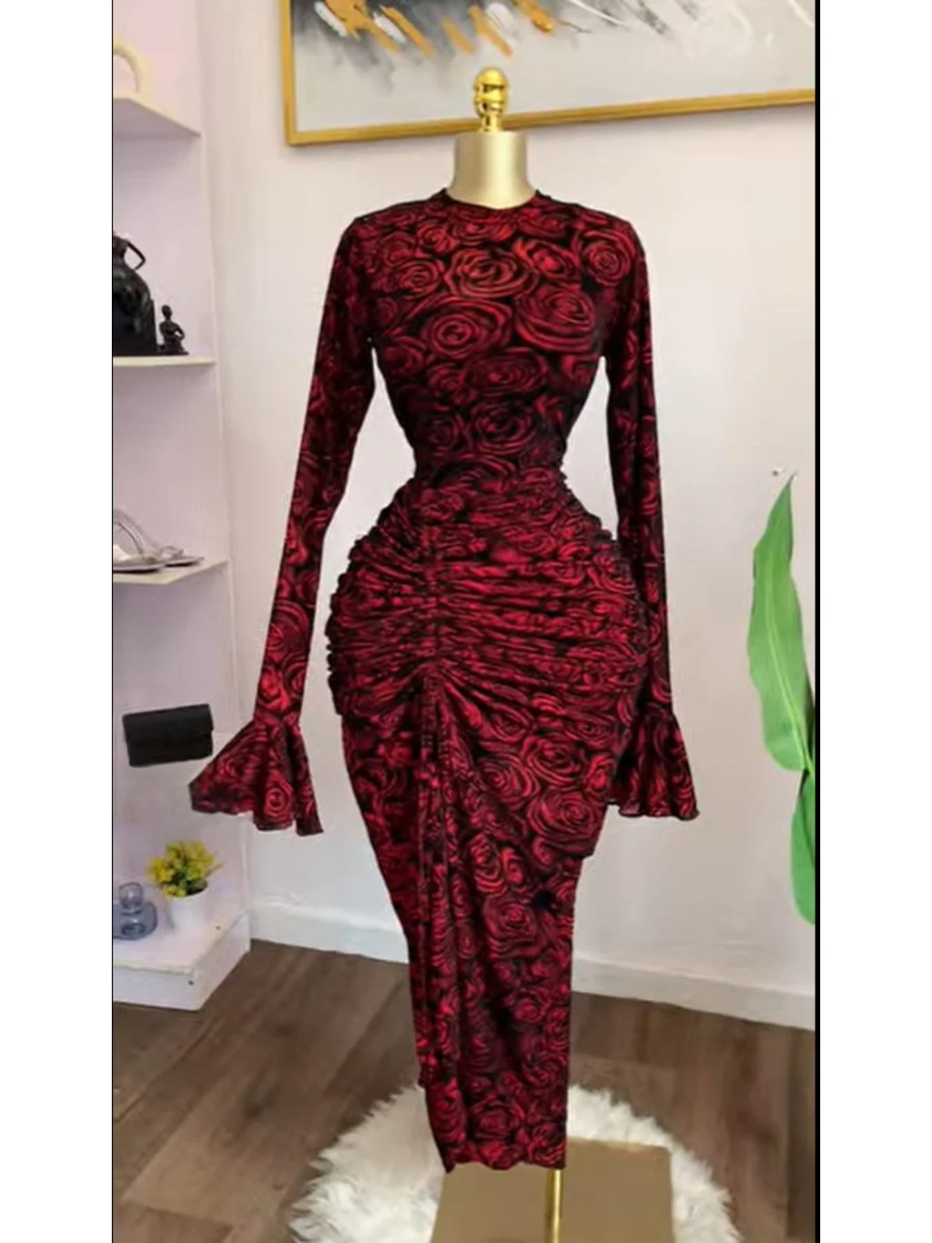 CM.YAYA Women Rose Floral Printed Ruched Stacked Side Split Bodycon Midi Long Maxi Dress Prom Party Education Vacation Dresses CM.YAYA Women Rose Floral Printed Ruched Stacked Side Split Bodycon Midi Long Maxi Dress Prom Party Education Vacation Dresses