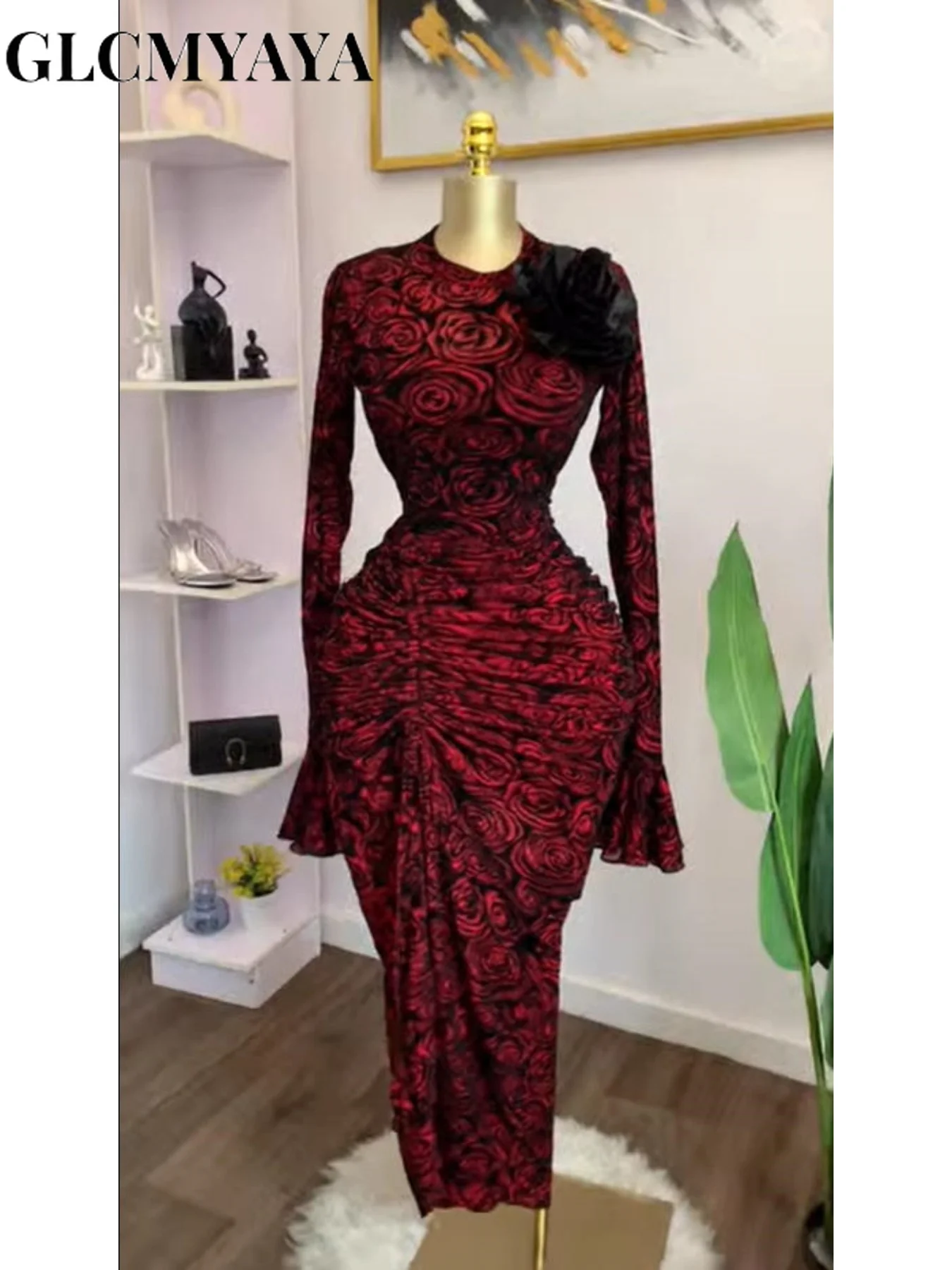 CM.YAYA Women Rose Floral Printed Ruched Stacked Side Split Bodycon Midi Long Maxi Dress Prom Party Education Vacation Dresses