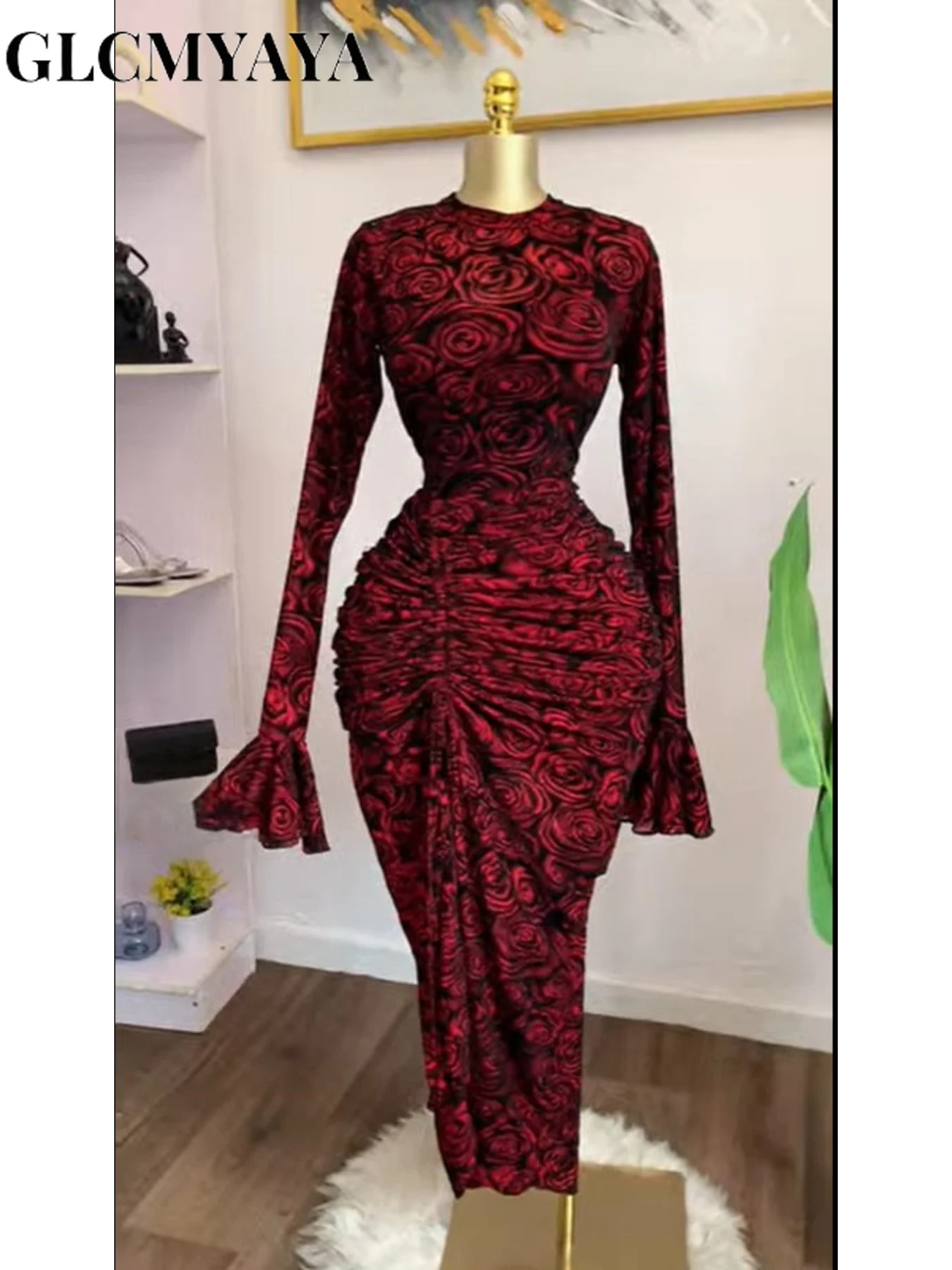 CM.YAYA Women Rose Floral Printed Ruched Stacked Side Split Bodycon Midi Long Maxi Dress Prom Party Education Vacation Dresses