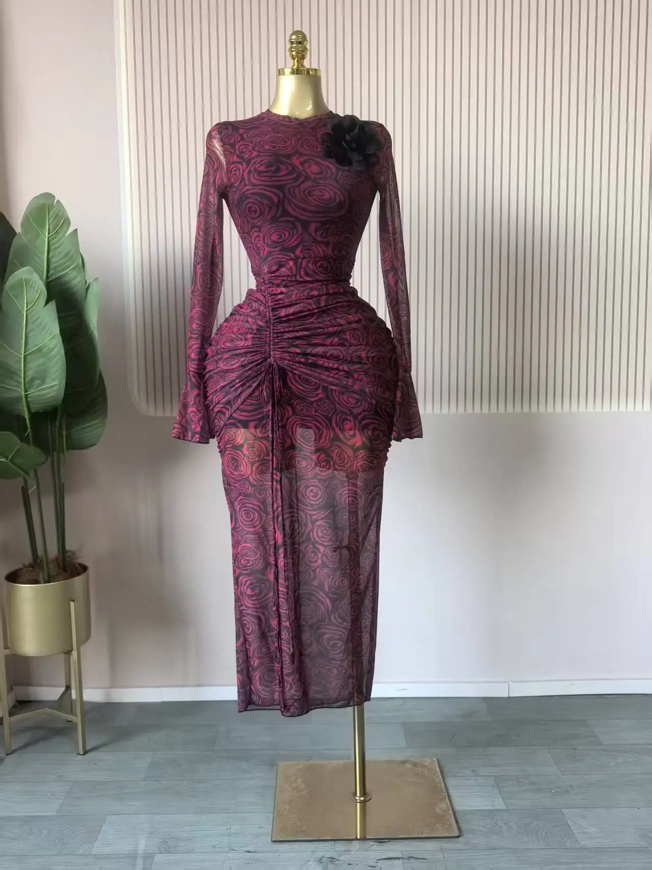 CM.YAYA Women Rose Floral Printed Ruched Stacked Side Split Bodycon Midi Long Maxi Dress Prom Party Education Vacation Dresses