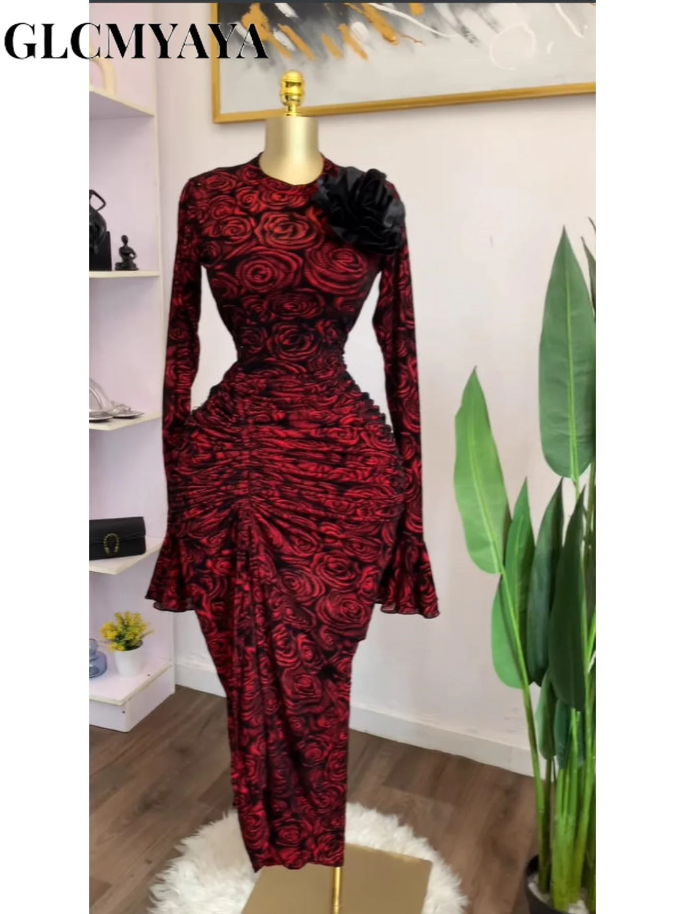 CM.YAYA Women Rose Floral Printed Ruched Stacked Side Split Bodycon Midi Long Maxi Dress Prom Party Education Vacation Dresses