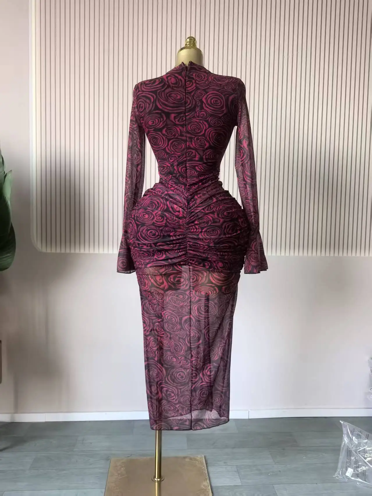 CM.YAYA Women Rose Floral Printed Ruched Stacked Side Split Bodycon Midi Long Maxi Dress Prom Party Education Vacation Dresses CM.YAYA Women Rose Floral Printed Ruched Stacked Side Split Bodycon Midi Long Maxi Dress Prom Party Education Vacation Dresses