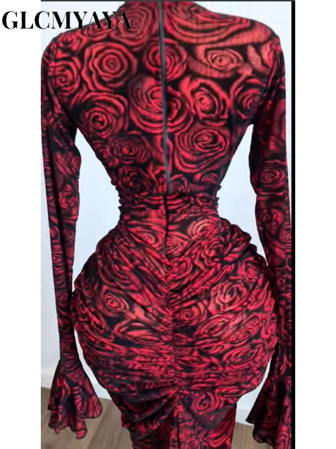 CM.YAYA Women Rose Floral Printed Ruched Stacked Side Split Bodycon Midi Long Maxi Dress Prom Party Education Vacation Dresses