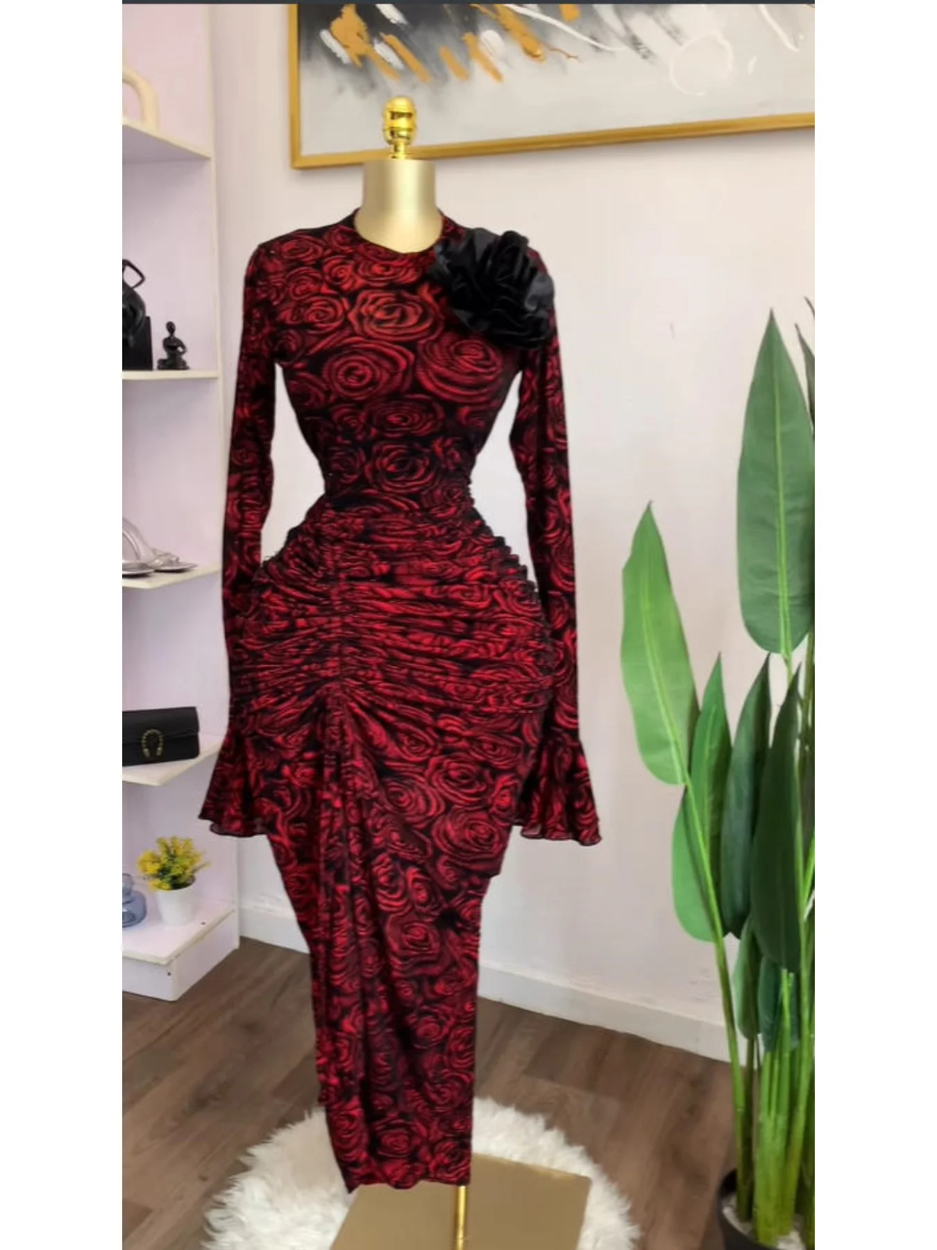 CM.YAYA Women Rose Floral Printed Ruched Stacked Side Split Bodycon Midi Long Maxi Dress Prom Party Education Vacation Dresses CM.YAYA Women Rose Floral Printed Ruched Stacked Side Split Bodycon Midi Long Maxi Dress Prom Party Education Vacation Dresses