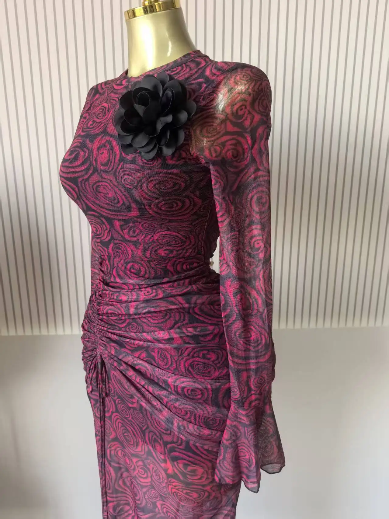 CM.YAYA Women Rose Floral Printed Ruched Stacked Side Split Bodycon Midi Long Maxi Dress Prom Party Education Vacation Dresses CM.YAYA Women Rose Floral Printed Ruched Stacked Side Split Bodycon Midi Long Maxi Dress Prom Party Education Vacation Dresses