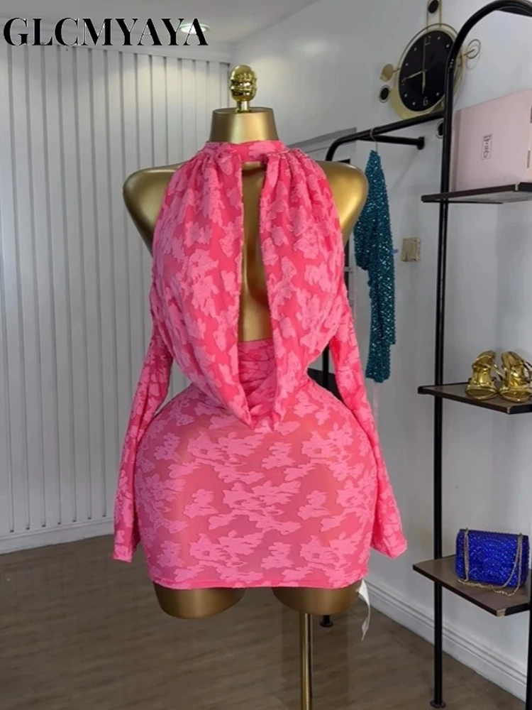 GLCMYAYA Women Floral Pile Collar Off Shoulder Bodycon Long Sleeve Mini Dress Fall Vacation Sexy Party Birthday Dresses Vestidos