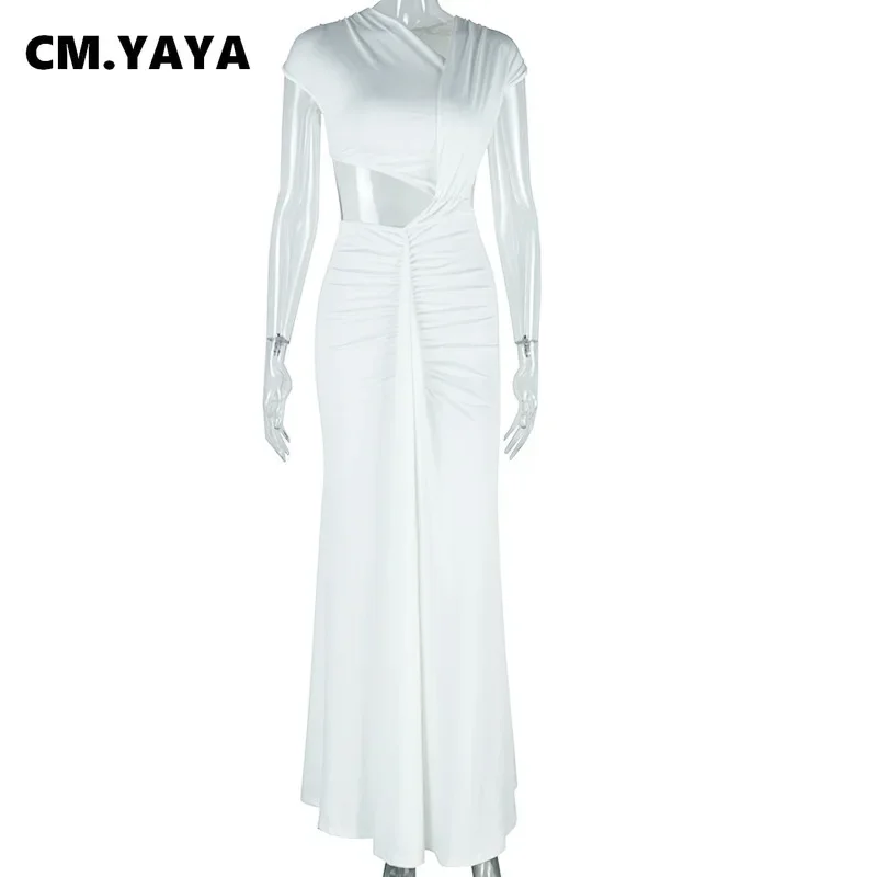 CM.YAYA Women Sleeveless Skew Collar Ruched Ribbon Long Maxi Dress 2025 Summer Sexy Street Slim Evening Night Club Party Dresses