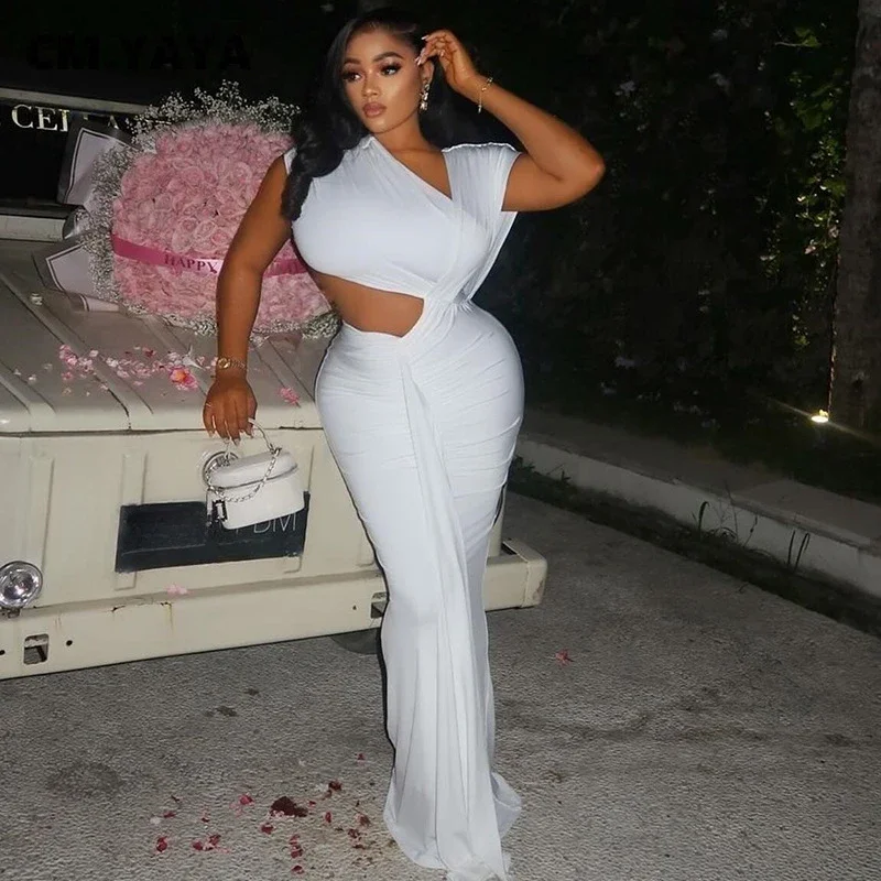 CM.YAYA Women Sleeveless Skew Collar Ruched Ribbon Long Maxi Dress 2025 Summer Sexy Street Slim Evening Night Club Party Dresses