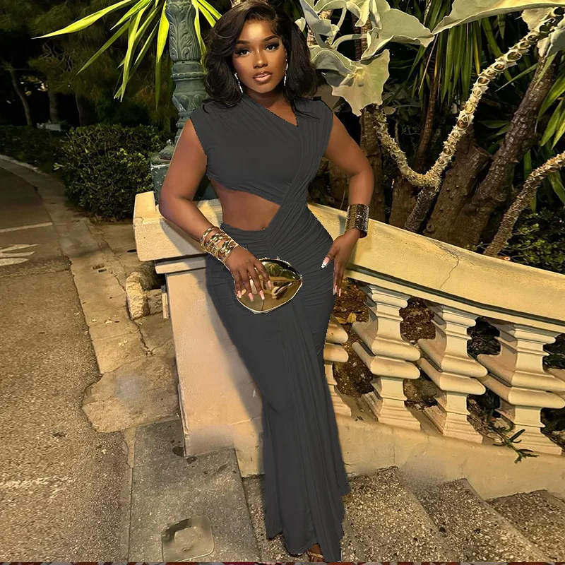 CM.YAYA Women Sleeveless Skew Collar Ruched Ribbon Long Maxi Dress 2025 Summer Sexy Street Slim Evening Night Club Party Dresses CM.YAYA Women Sleeveless Skew Collar Ruched Ribbon Long Maxi Dress 2025 Summer Sexy Street Slim Evening Night Club Party Dresses