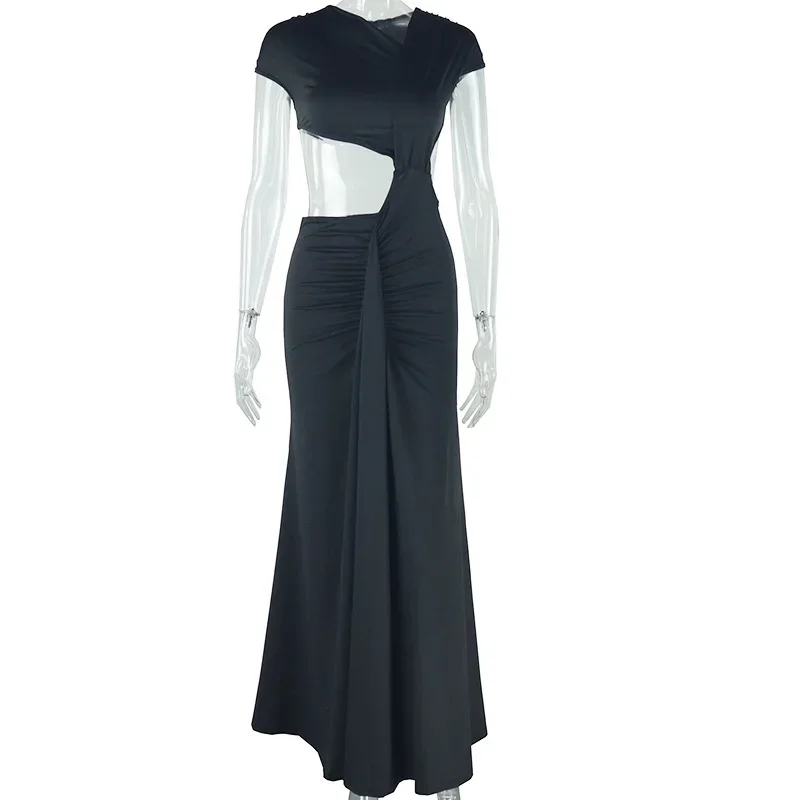 CM.YAYA Women Sleeveless Skew Collar Ruched Ribbon Long Maxi Dress 2025 Summer Sexy Street Slim Evening Night Club Party Dresses