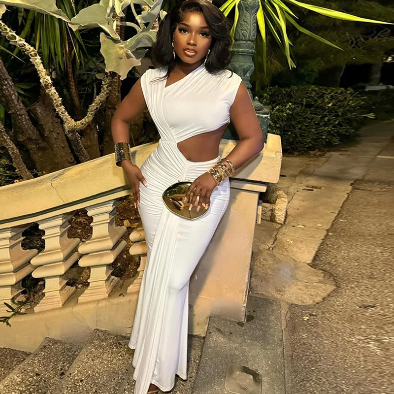 CM.YAYA Women Sleeveless Skew Collar Ruched Ribbon Long Maxi Dress 2025 Summer Sexy Street Slim Evening Night Club Party Dresses CM.YAYA Women Sleeveless Skew Collar Ruched Ribbon Long Maxi Dress 2025 Summer Sexy Street Slim Evening Night Club Party Dresses