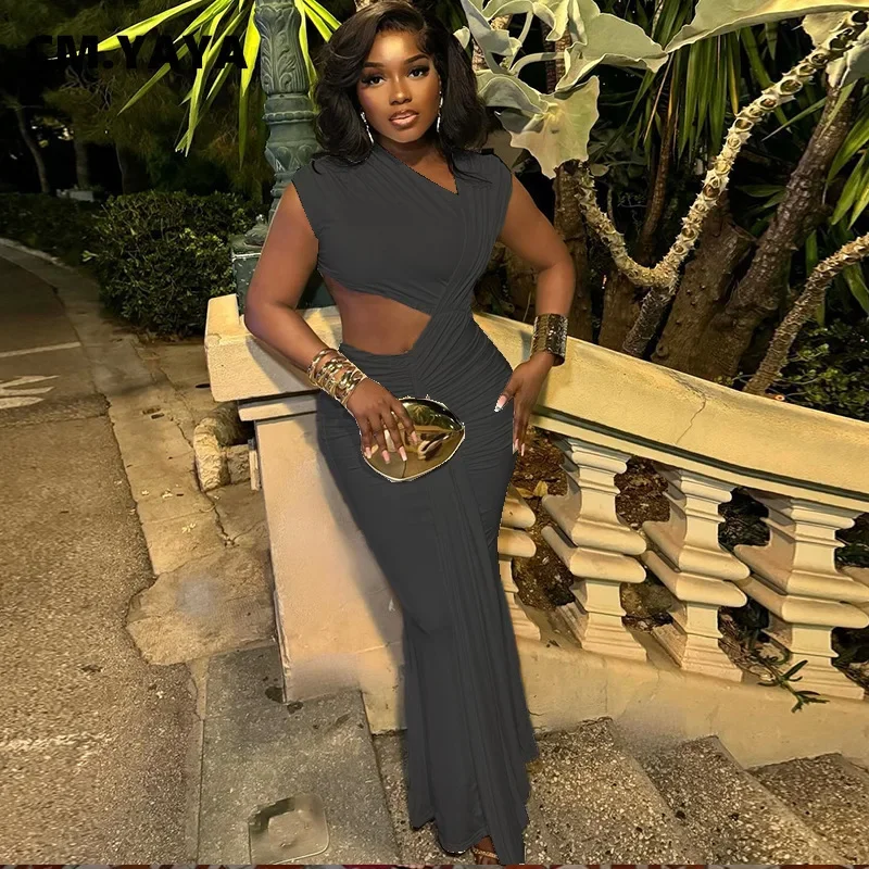 CM.YAYA Women Sleeveless Skew Collar Ruched Ribbon Long Maxi Dress 2025 Summer Sexy Street Slim Evening Night Club Party Dresses