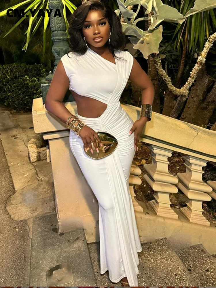 CM.YAYA Women Sleeveless Skew Collar Ruched Ribbon Long Maxi Dress 2025 Summer Sexy Street Slim Evening Night Club Party Dresses