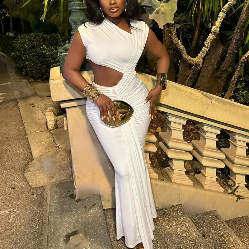 CM.YAYA Women Sleeveless Skew Collar Ruched Ribbon Long Maxi Dress 2025 Summer Sexy Street Slim Evening Night Club Party Dresses CM.YAYA Women Sleeveless Skew Collar Ruched Ribbon Long Maxi Dress 2025 Summer Sexy Street Slim Evening Night Club Party Dresses