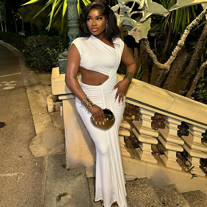 CM.YAYA Women Sleeveless Skew Collar Ruched Ribbon Long Maxi Dress 2025 Summer Sexy Street Slim Evening Night Club Party Dresses CM.YAYA Women Sleeveless Skew Collar Ruched Ribbon Long Maxi Dress 2025 Summer Sexy Street Slim Evening Night Club Party Dresses