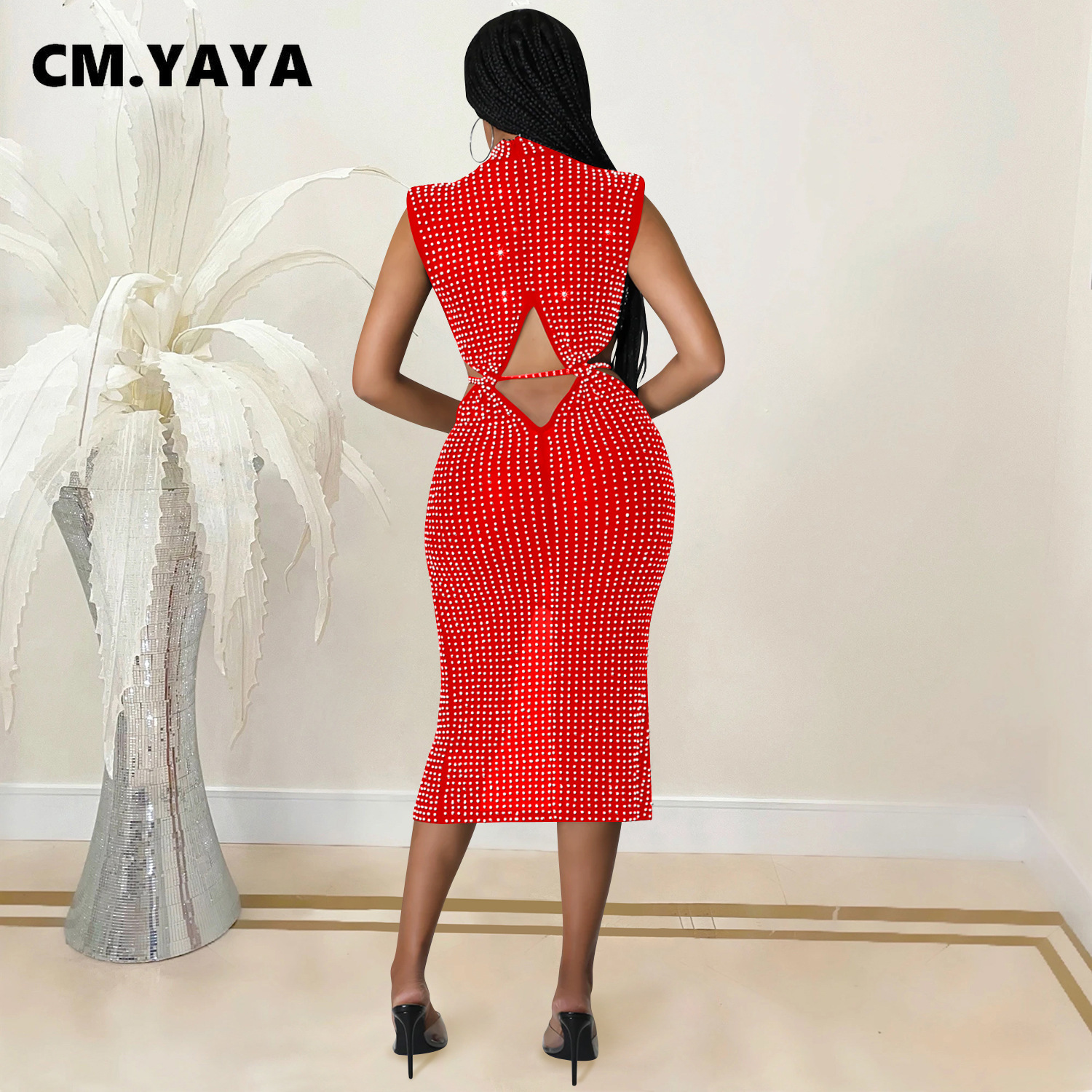 CM.YAYA Diamonds Hot Rhinestones Mesh See Though Cutout Waist Split Midi Dress  Women 2022 Sexy Party Club Chic INS Sundress