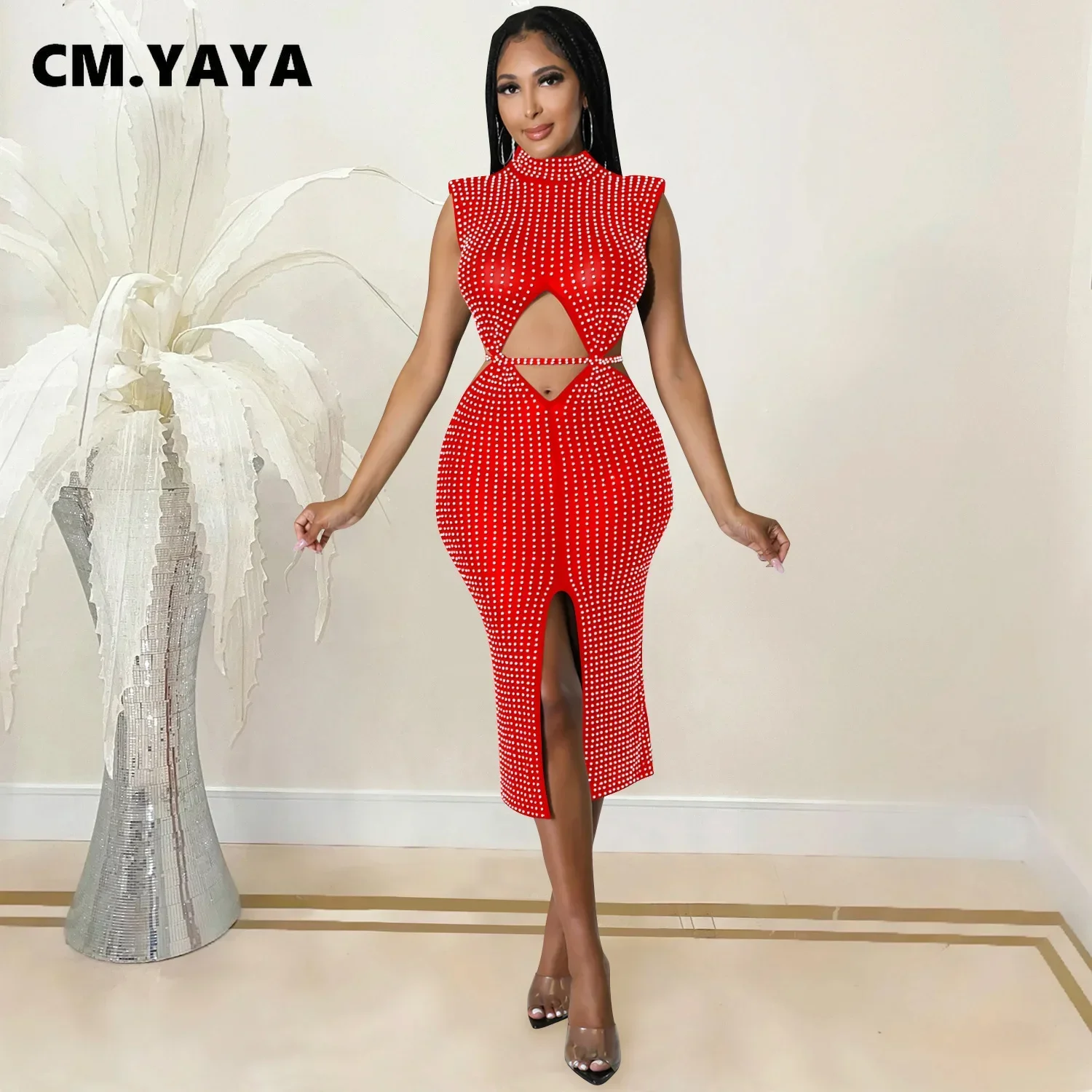 CM.YAYA Diamonds Hot Rhinestones Mesh See Though Cutout Waist Split Midi Dress  Women 2022 Sexy Party Club Chic INS Sundress