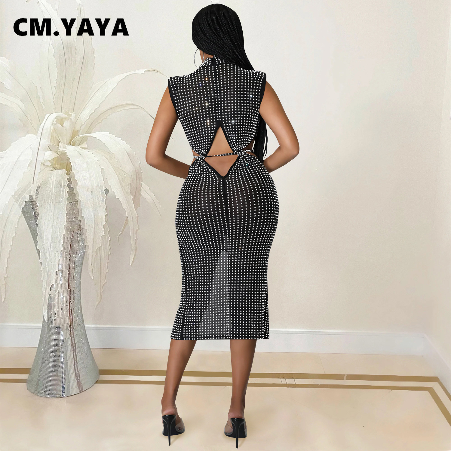 CM.YAYA Diamonds Hot Rhinestones Mesh See Though Cutout Waist Split Midi Dress Women 2022 Sexy Party Club Chic INS Sundress CM.YAYA Diamonds Hot Rhinestones Mesh See Though Cutout Waist Split Midi Dress Women 2022 Sexy Party Club Chic INS Sundress