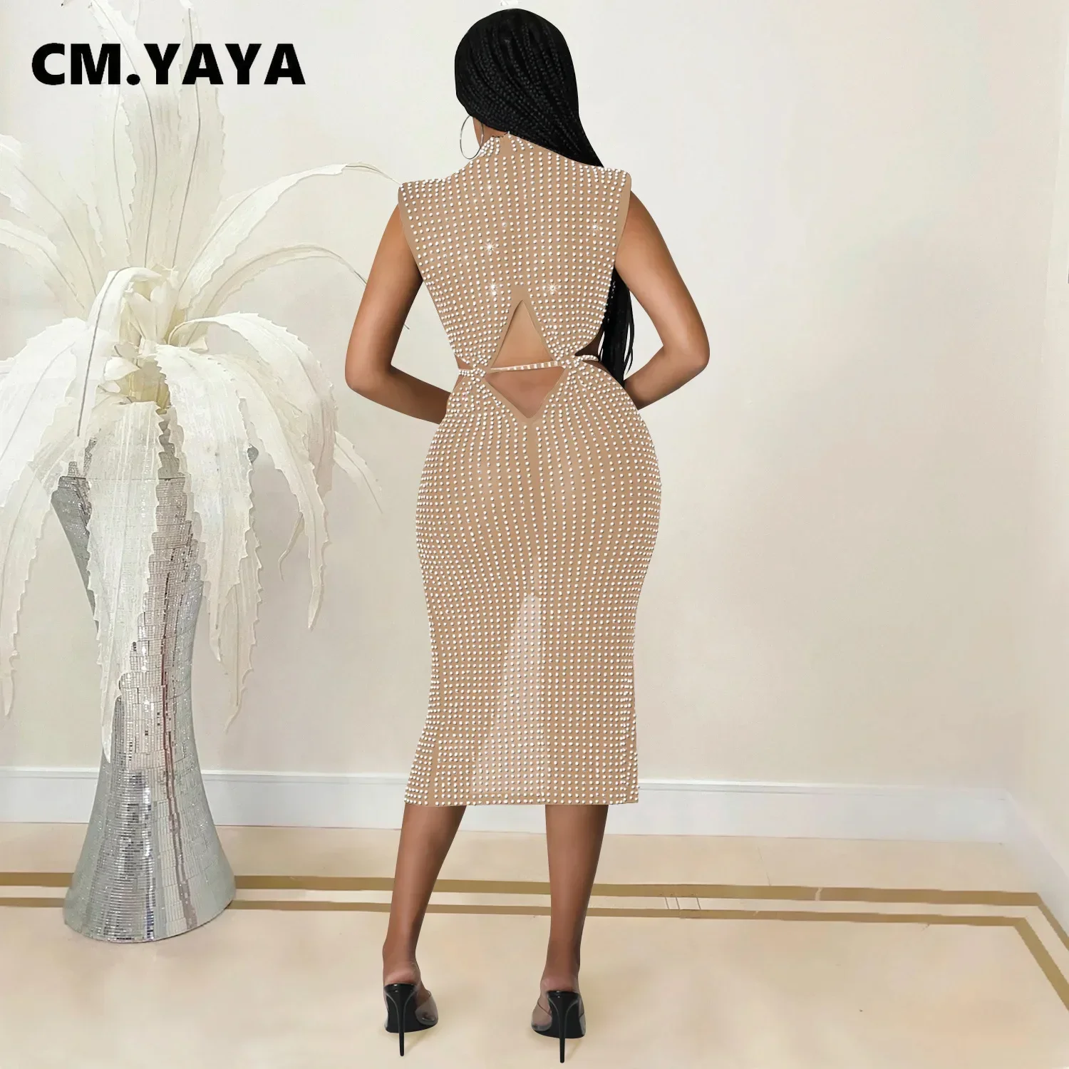 CM.YAYA Diamonds Hot Rhinestones Mesh See Though Cutout Waist Split Midi Dress  Women 2022 Sexy Party Club Chic INS Sundress