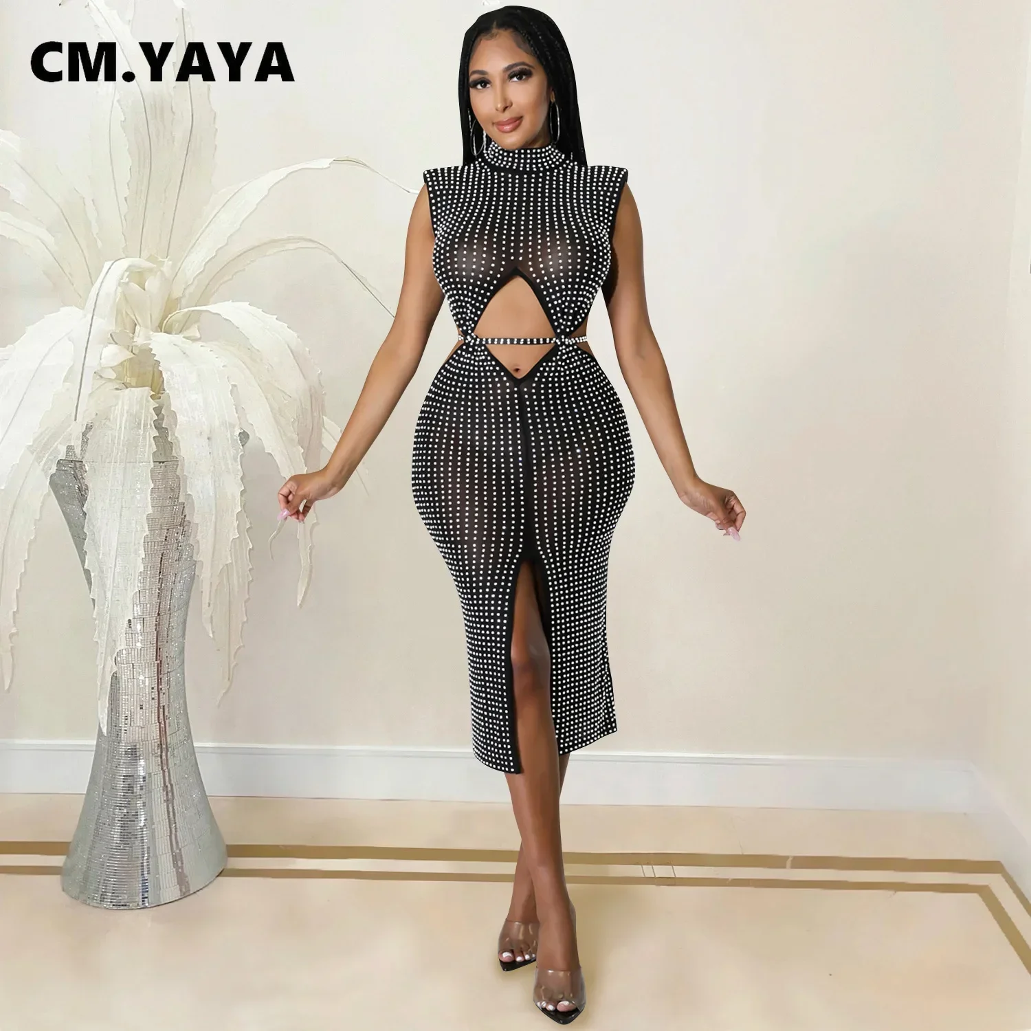 CM.YAYA Diamonds Hot Rhinestones Mesh See Though Cutout Waist Split Midi Dress  Women 2022 Sexy Party Club Chic INS Sundress
