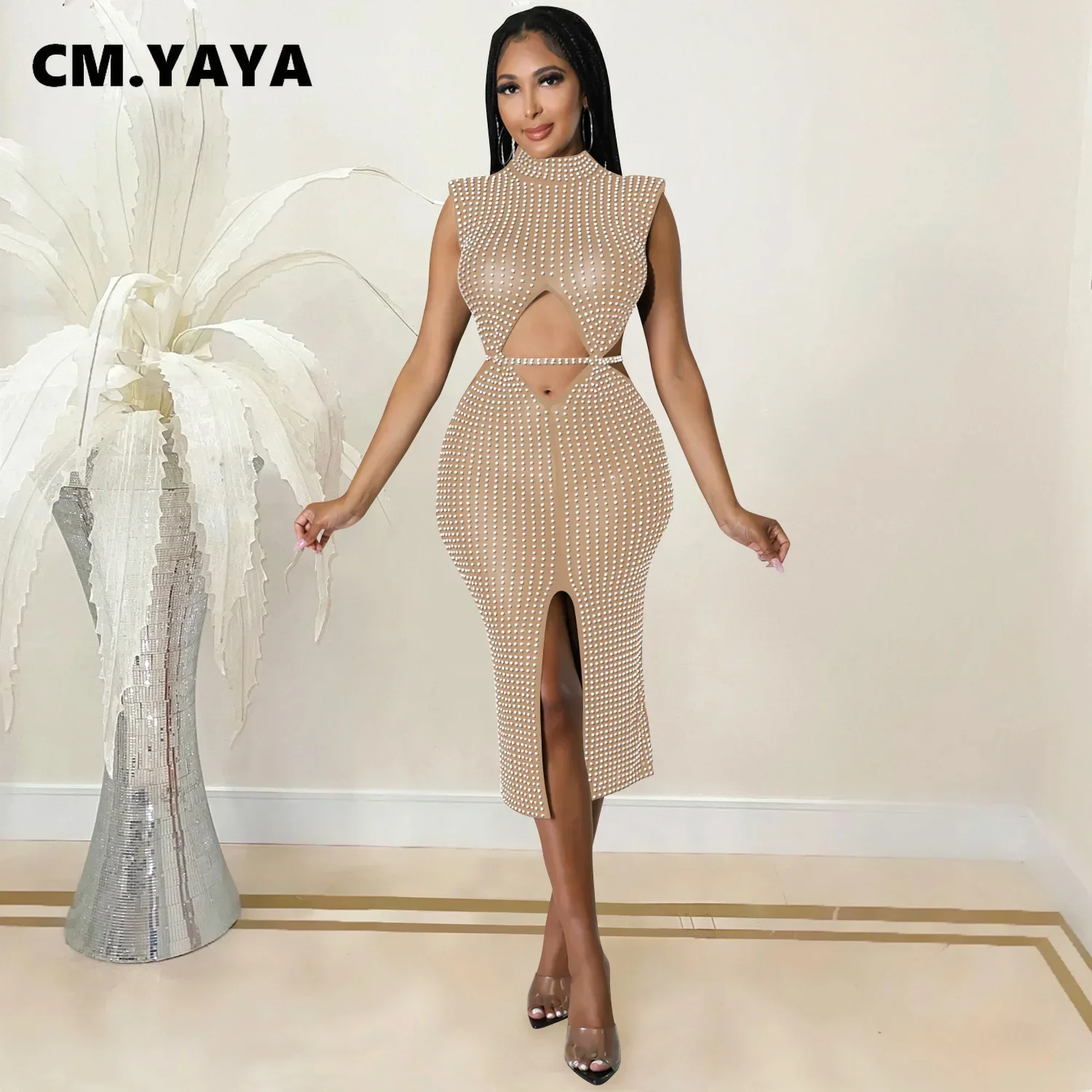 CM.YAYA Diamonds Hot Rhinestones Mesh See Though Cutout Waist Split Midi Dress  Women 2022 Sexy Party Club Chic INS Sundress