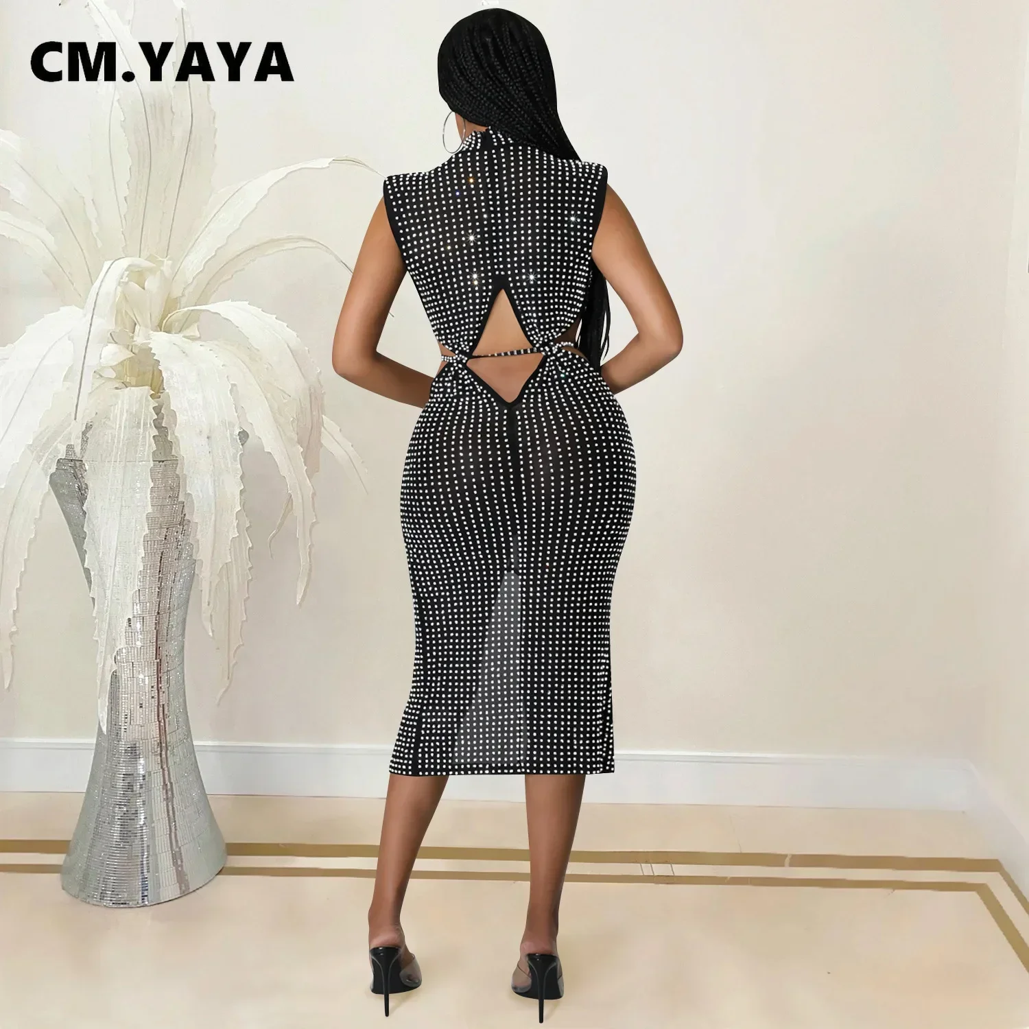 CM.YAYA Diamonds Hot Rhinestones Mesh See Though Cutout Waist Split Midi Dress  Women 2022 Sexy Party Club Chic INS Sundress