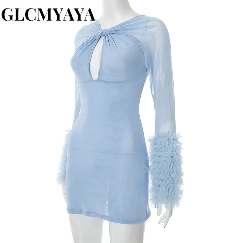 GLCMYAYA Women Long Sleeve Cutout Draped V-neck Mesh Bodycon Midi Mini Dress 2025 Summer Vacation Holiday Sexy Party Dresses GLCMYAYA Women Long Sleeve Cutout Draped V-neck Mesh Bodycon Midi Mini Dress 2025 Summer Vacation Holiday Sexy Party Dresses