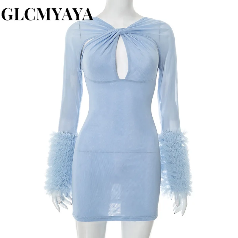 GLCMYAYA Women Long Sleeve Cutout Draped V-neck Mesh Bodycon Midi Mini Dress 2025 Summer Vacation Holiday Sexy Party Dresses