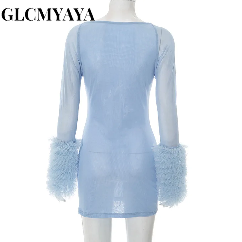 GLCMYAYA Women Long Sleeve Cutout Draped V-neck Mesh Bodycon Midi Mini Dress 2025 Summer Vacation Holiday Sexy Party Dresses GLCMYAYA Women Long Sleeve Cutout Draped V-neck Mesh Bodycon Midi Mini Dress 2025 Summer Vacation Holiday Sexy Party Dresses