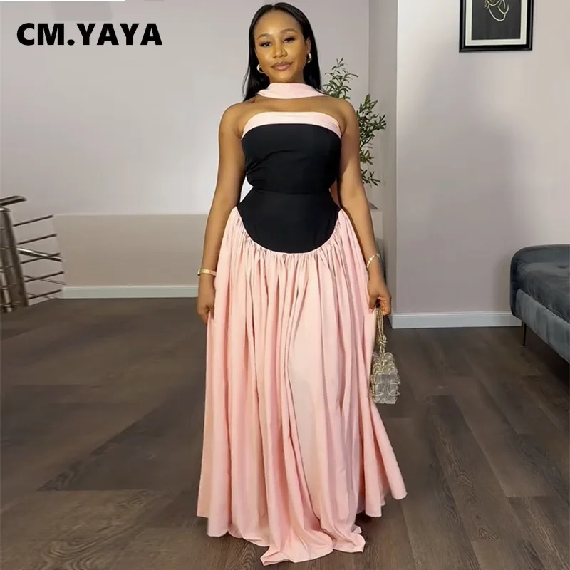 CM.YAYA Women Fashion Halter Neck Pleated Big Swing High Waist Maxi Long Dress 2025 Summer Party Night Club Vestidos Dresses
