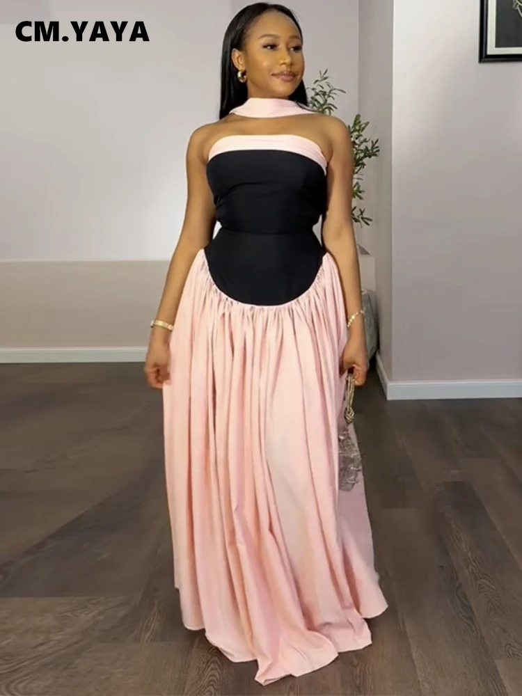 CM.YAYA Women Fashion Halter Neck Pleated Big Swing High Waist Maxi Long Dress 2025 Summer Party Night Club Vestidos Dresses