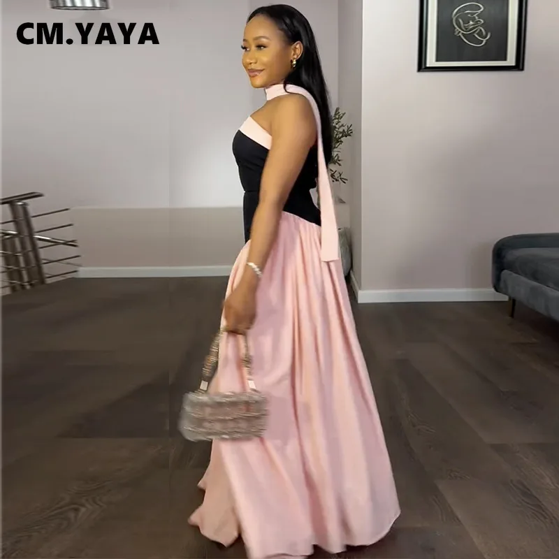 CM.YAYA Women Fashion Halter Neck Pleated Big Swing High Waist Maxi Long Dress 2025 Summer Party Night Club Vestidos Dresses