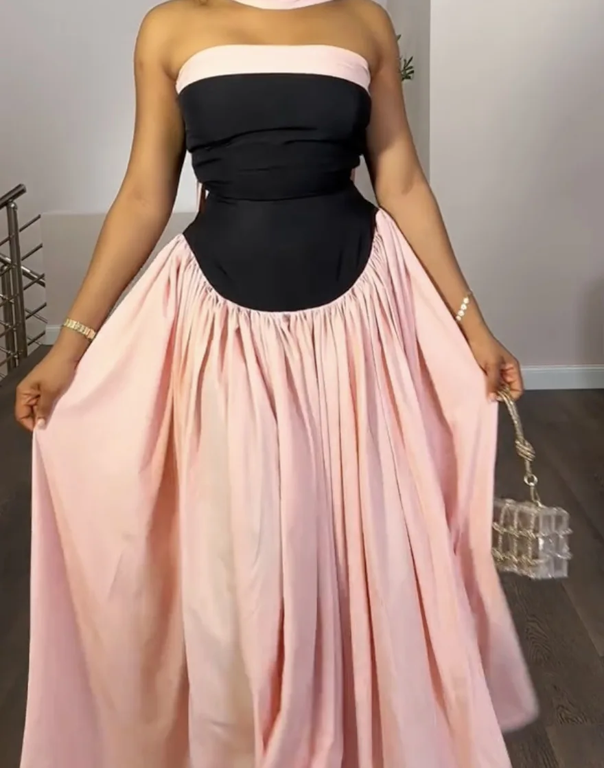 CM.YAYA Women Fashion Halter Neck Pleated Big Swing High Waist Maxi Long Dress 2025 Summer Party Night Club Vestidos Dresses