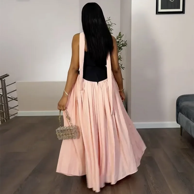 CM.YAYA Women Fashion Halter Neck Pleated Big Swing High Waist Maxi Long Dress 2025 Summer Party Night Club Vestidos Dresses