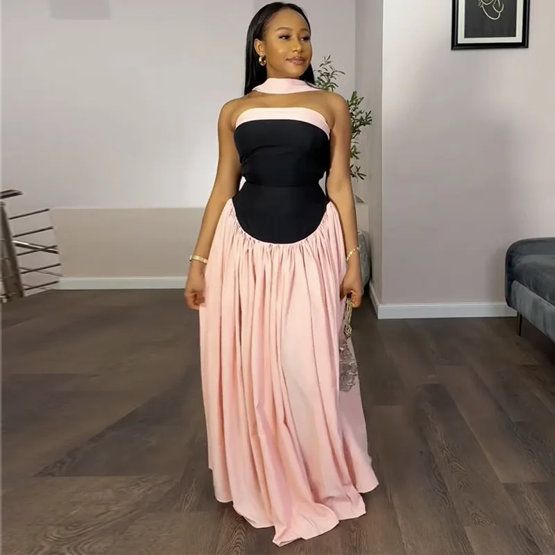 CM.YAYA Women Fashion Halter Neck Pleated Big Swing High Waist Maxi Long Dress 2025 Summer Party Night Club Vestidos Dresses