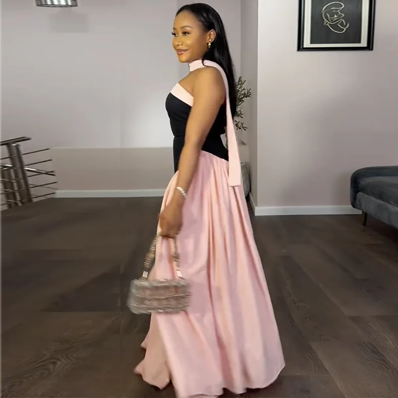 CM.YAYA Women Fashion Halter Neck Pleated Big Swing High Waist Maxi Long Dress 2025 Summer Party Night Club Vestidos Dresses