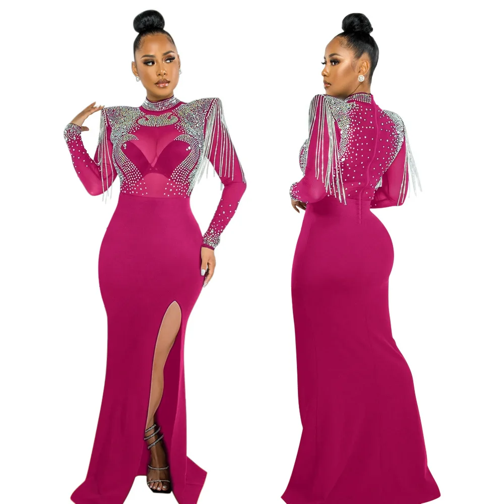 CM.YAYA Women Mesh See Through Long Sleeve Diamonds Hot Rhinestones Mermaid Long Dress Fall Evening Sexy Party Dresses Vestidos