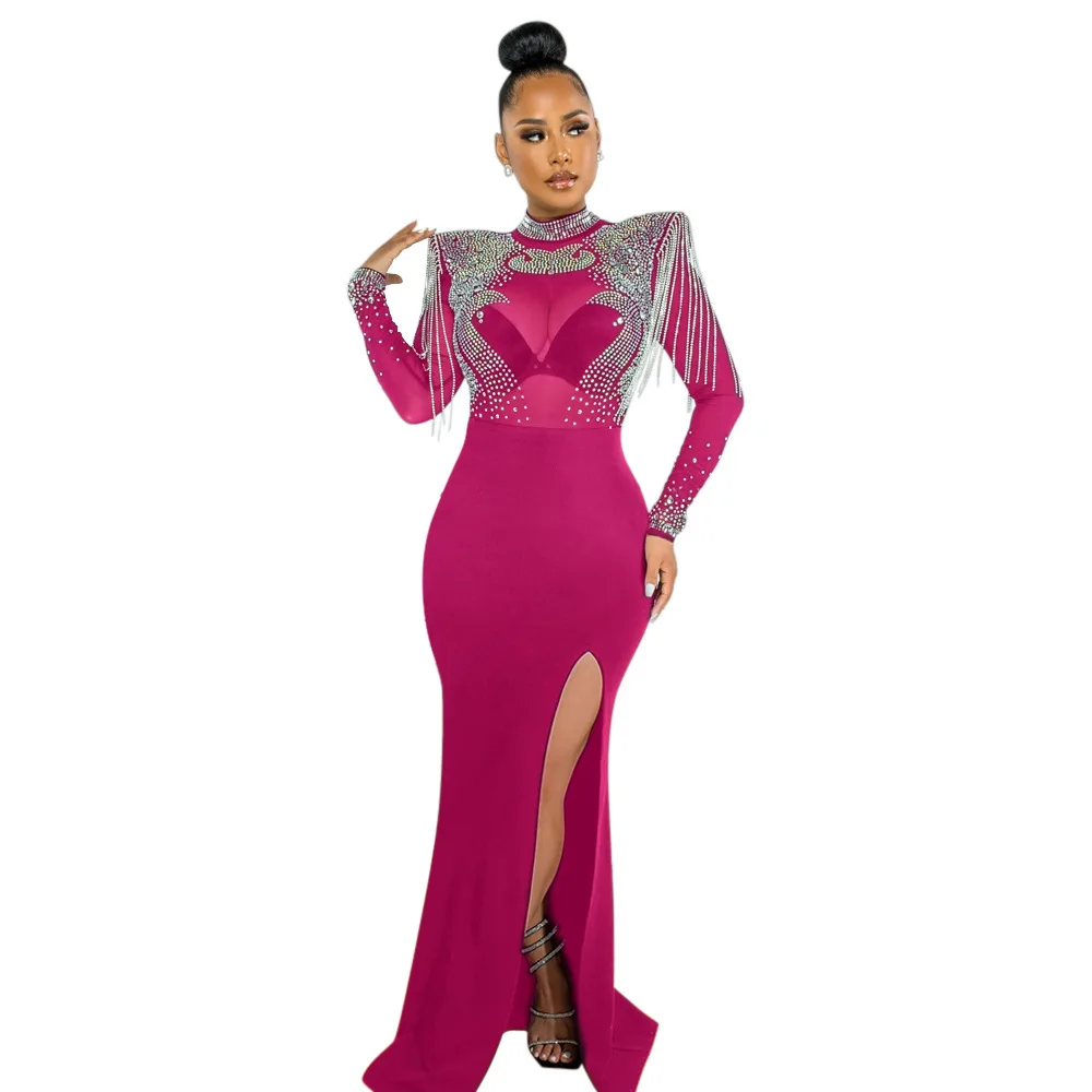 CM.YAYA Women Mesh See Through Long Sleeve Diamonds Hot Rhinestones Mermaid Long Dress Fall Evening Sexy Party Dresses Vestidos