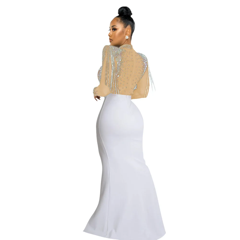 CM.YAYA Women Mesh See Through Long Sleeve Diamonds Hot Rhinestones Mermaid Long Dress Fall Evening Sexy Party Dresses Vestidos