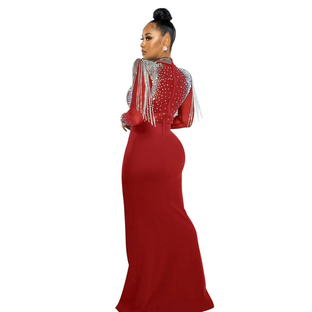 CM.YAYA Women Mesh See Through Long Sleeve Diamonds Hot Rhinestones Mermaid Long Dress Fall Evening Sexy Party Dresses Vestidos