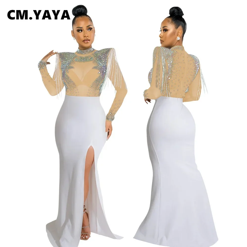 CM.YAYA Women Mesh See Through Long Sleeve Diamonds Hot Rhinestones Mermaid Long Dress Fall Evening Sexy Party Dresses Vestidos