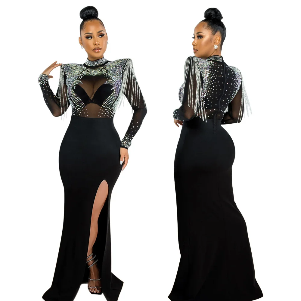 CM.YAYA Women Mesh See Through Long Sleeve Diamonds Hot Rhinestones Mermaid Long Dress Fall Evening Sexy Party Dresses Vestidos