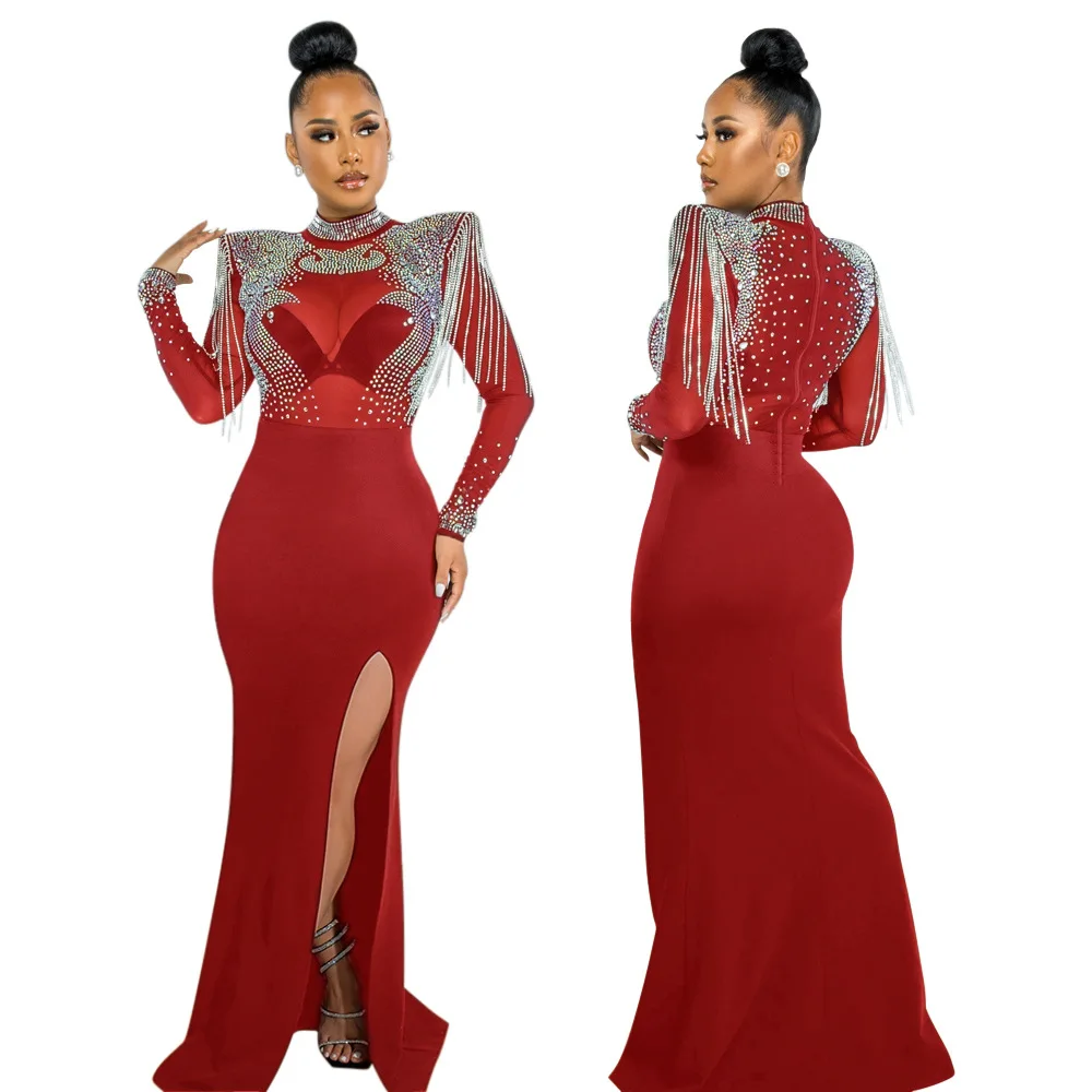 CM.YAYA Women Mesh See Through Long Sleeve Diamonds Hot Rhinestones Mermaid Long Dress Fall Evening Sexy Party Dresses Vestidos