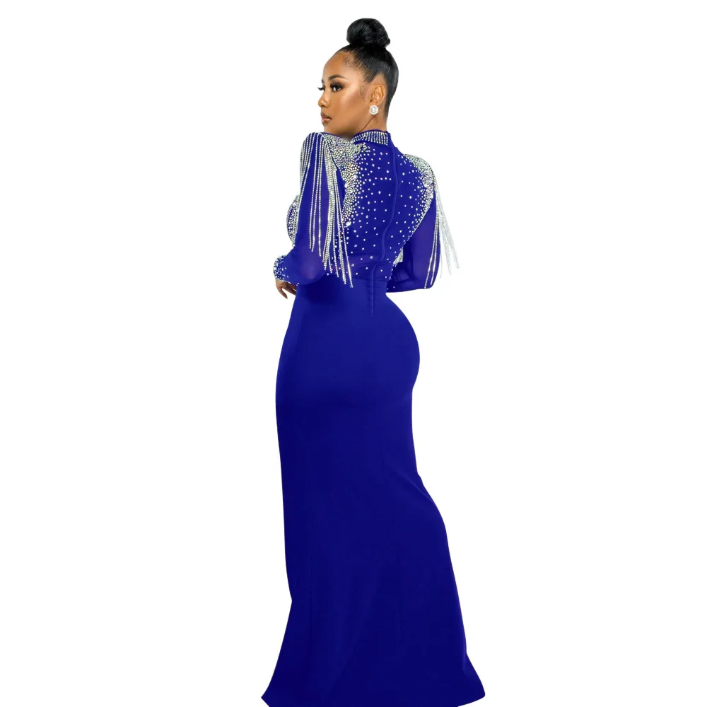 CM.YAYA Women Mesh See Through Long Sleeve Diamonds Hot Rhinestones Mermaid Long Dress Fall Evening Sexy Party Dresses Vestidos