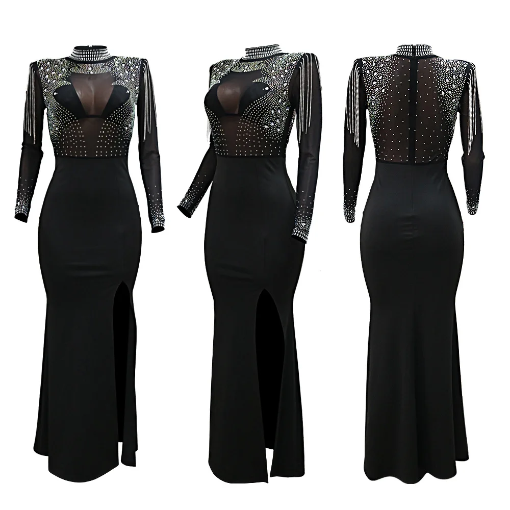 CM.YAYA Women Mesh See Through Long Sleeve Diamonds Hot Rhinestones Mermaid Long Dress Fall Evening Sexy Party Dresses Vestidos